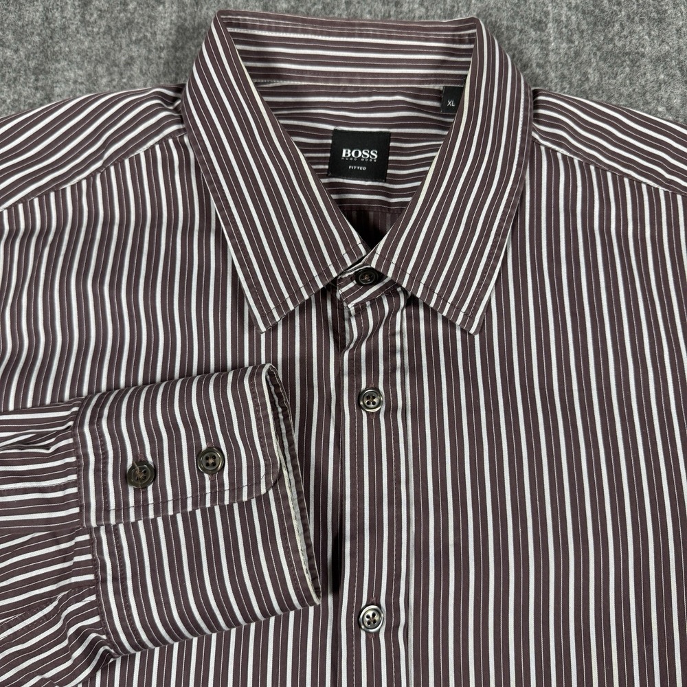 BOSS Hugo Boss Mens XL Fitted Dark Purple White Striped Cotton Dress Shirt